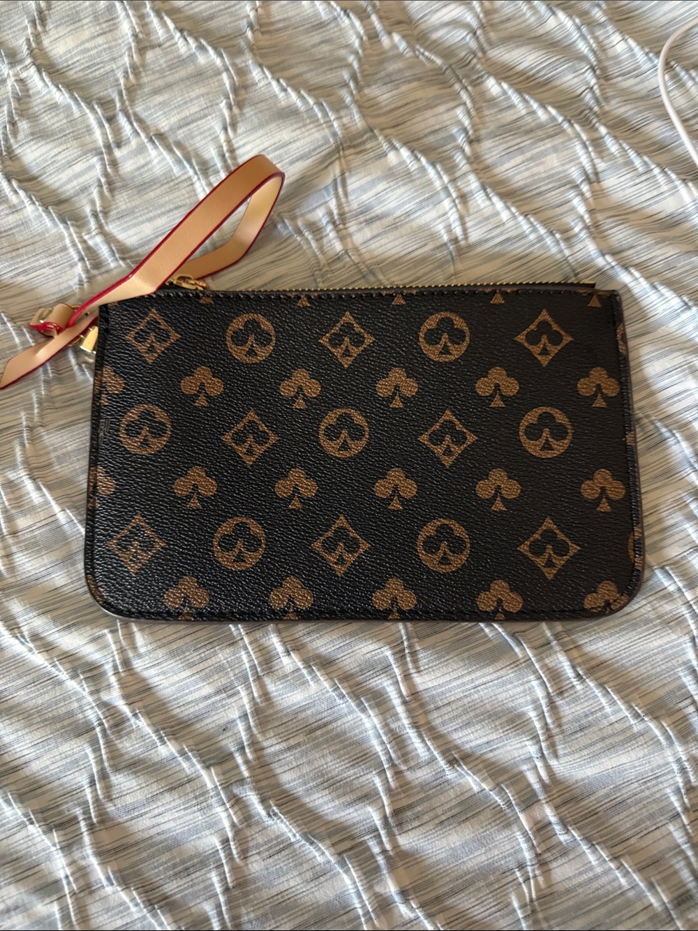 Designer-Inspired Brown and Black Patterned Wristlet Pouch with Detachable Strap